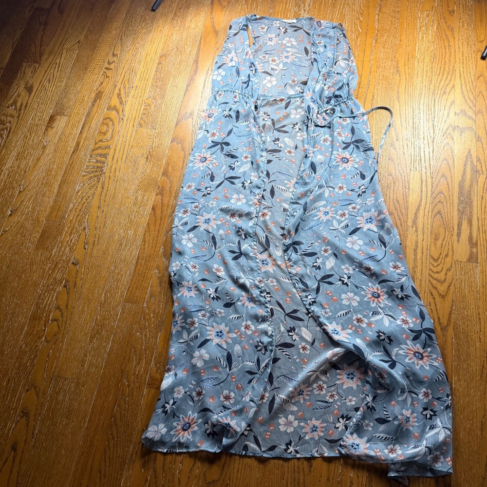 Boho Floral Maxi Kimono Duster Blue Waist Sheer Small Coastal Beach Resortwear